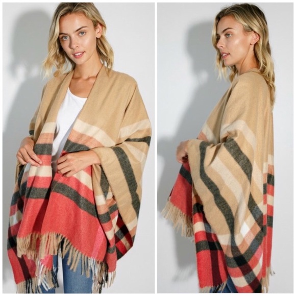 SOLD OUT Multi Color Plaid Fringe Faded Cape Shawl Poncho - Picture 2 of 6